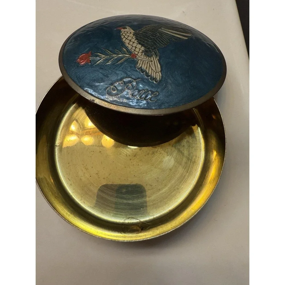 Vintage Brass Enameled Vase and Trinket Jewelry Box Birds w/Roses Peace India